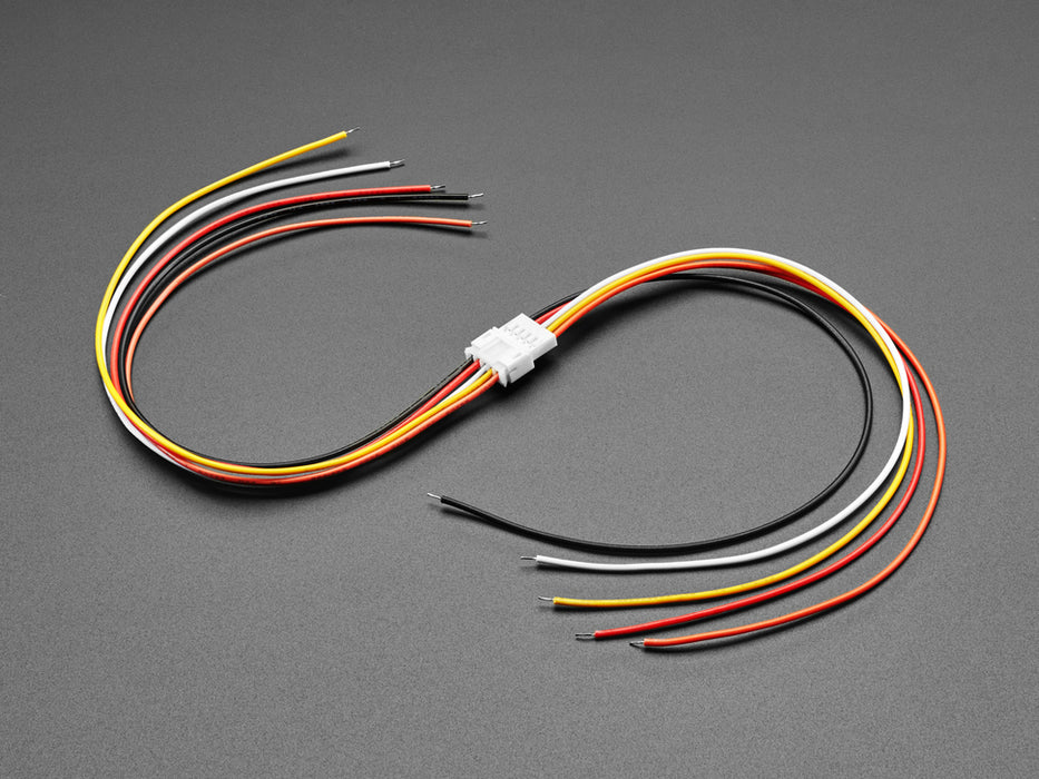 Angled shot of two 2.0mm pitch 5-pin matching cable pairs. The cables are not connected.