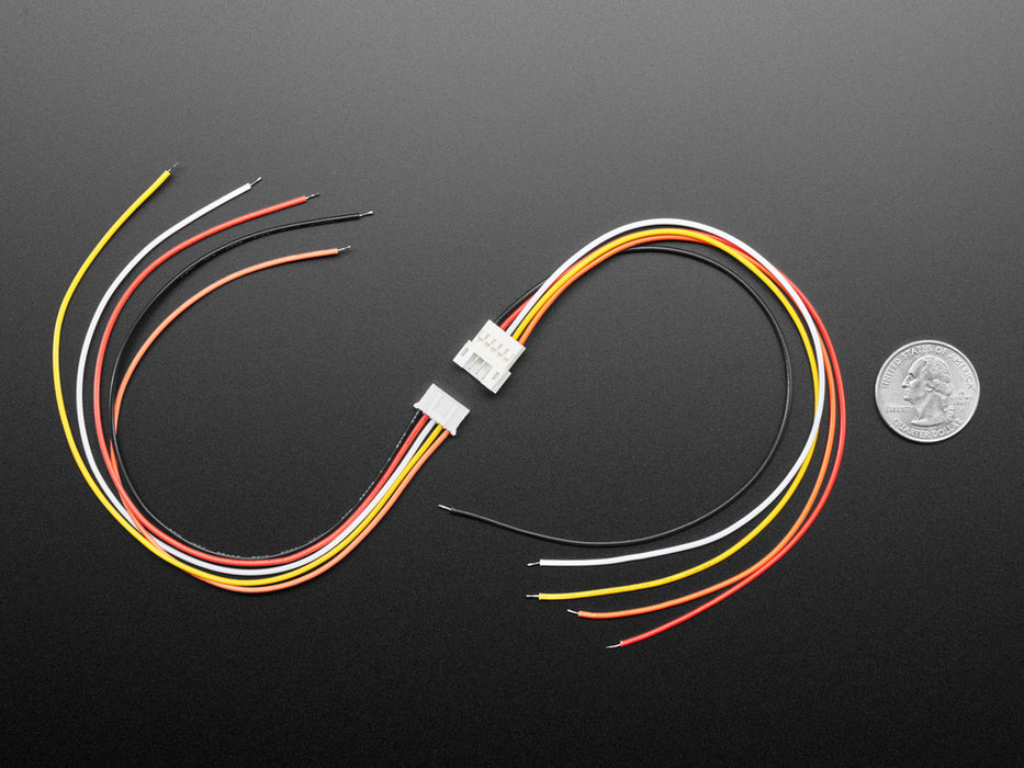 Angled shot of two 2.0mm pitch 5-pin matching cable pairs. The cables are not connected.