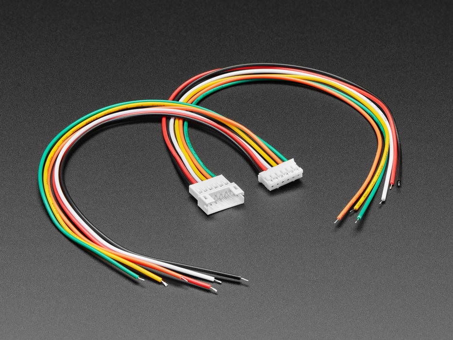 Angled shot of two separate JST-PH 2.00mm Pitch 6-pin Matching Pair Cables - 40cm long.