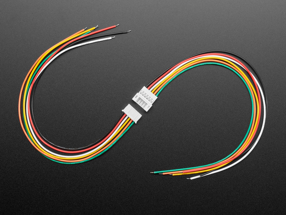 Angled shot of two separate JST-PH 2.00mm Pitch 6-pin Matching Pair Cables - 40cm long.