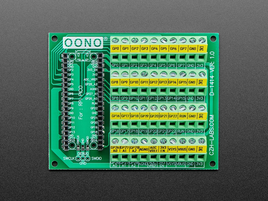 Angled shot of Screw Terminal Block Breakout Module Board for Raspberry Pi Pico.