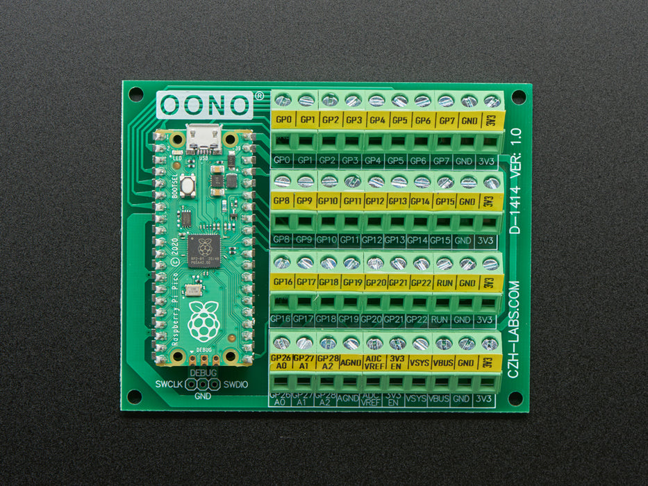 Angled shot of Screw Terminal Block Breakout Module Board for Raspberry Pi Pico.