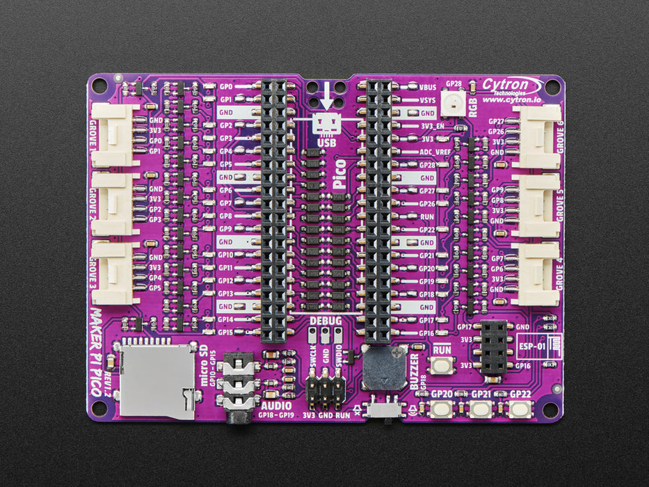 Top view of Maker Pi Pico board with a 