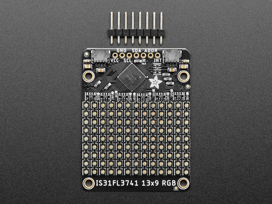 Video of Adafruit 13x9 PWM RGB LED Matrix Driver connected to a QT Py. The matrix grid displays ADAFRUIT in scrolling rainbow colors.