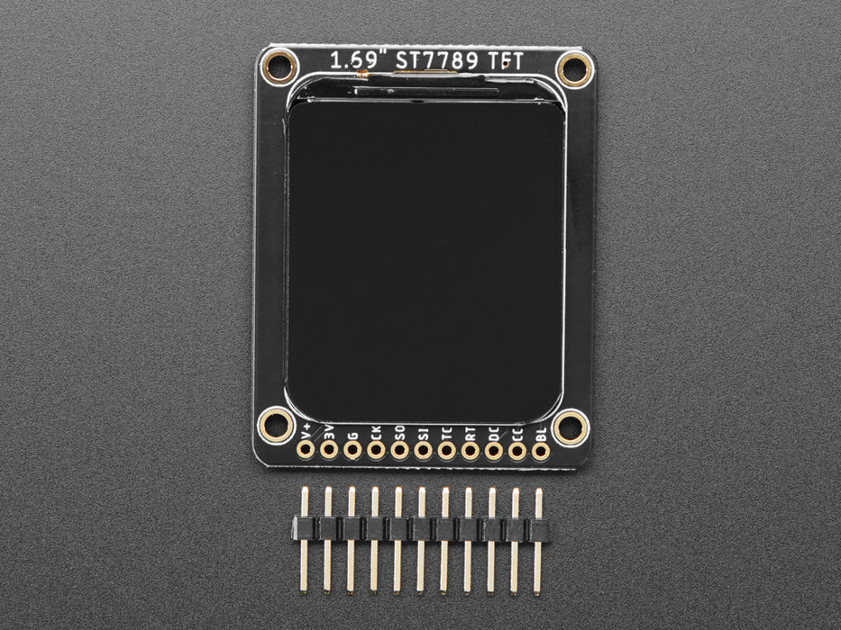 Video of 1.69" 280x240 Round Rectangle Color IPS TFT Display plugged into a breadboard and QT Py. The TFT displays a boot-up screen with "Hello, world!"