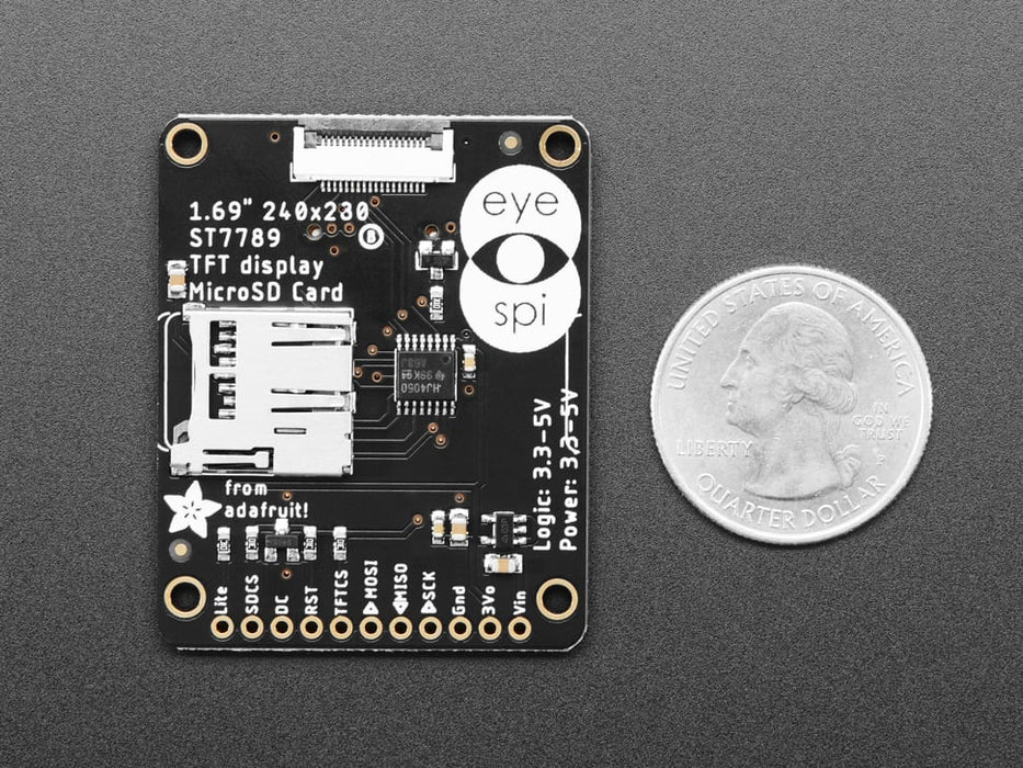 Video of 1.69" 280x240 Round Rectangle Color IPS TFT Display plugged into a breadboard and QT Py. The TFT displays a boot-up screen with "Hello, world!"