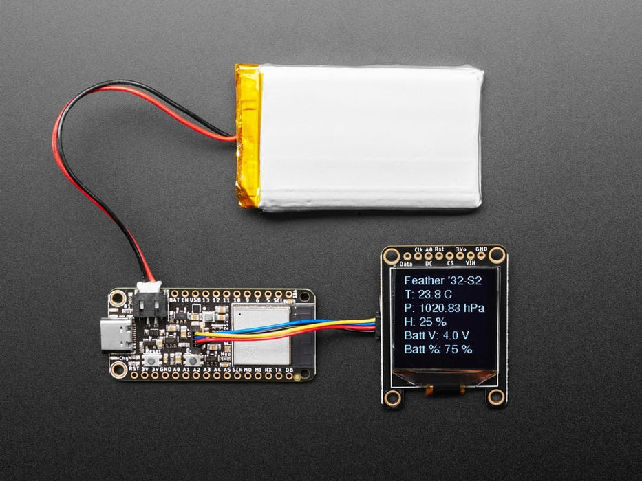 Angled view of rectangular microcontroller with WiFi module.