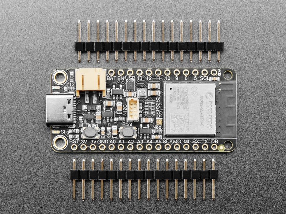 Angled view of rectangular microcontroller with WiFi module.