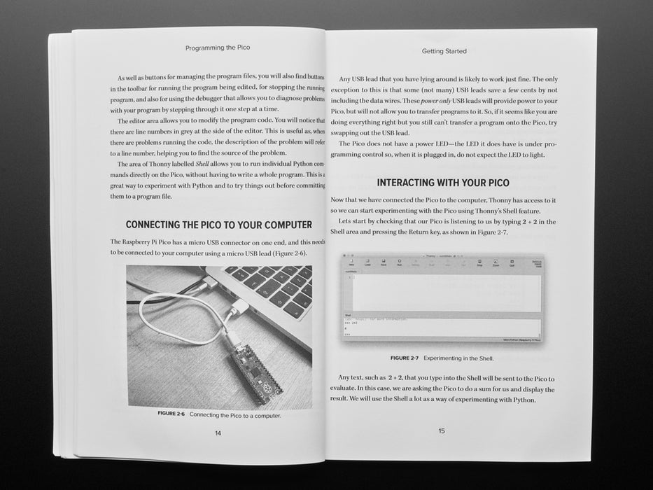 Front cover of technical book: "Programming the Pico. Learn Coding and Electronics with the Raspberry Pi Pico." Cover art is an angled photograph of a long green rectangular microcontroller assembled into a half-size breadboard.