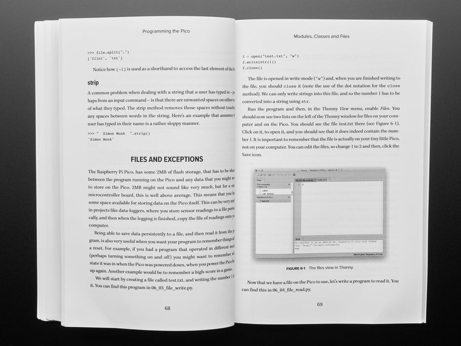 Front cover of technical book: "Programming the Pico. Learn Coding and Electronics with the Raspberry Pi Pico." Cover art is an angled photograph of a long green rectangular microcontroller assembled into a half-size breadboard.