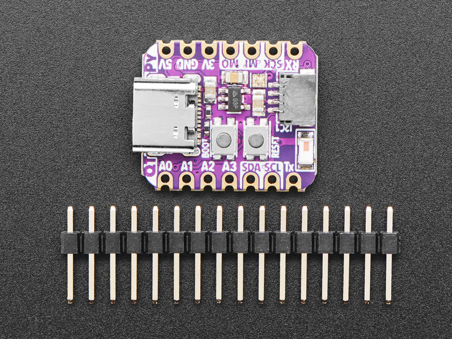 Angled shot of small square purple dev board.