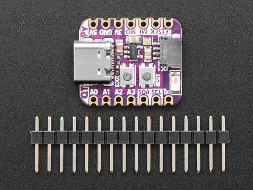 Angled shot of purple square-shaped microcontroller.