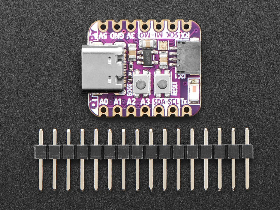 Angled shot of purple square-shaped microcontroller.