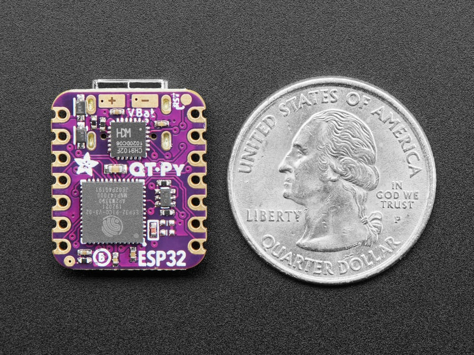 Angled shot of purple square-shaped microcontroller.