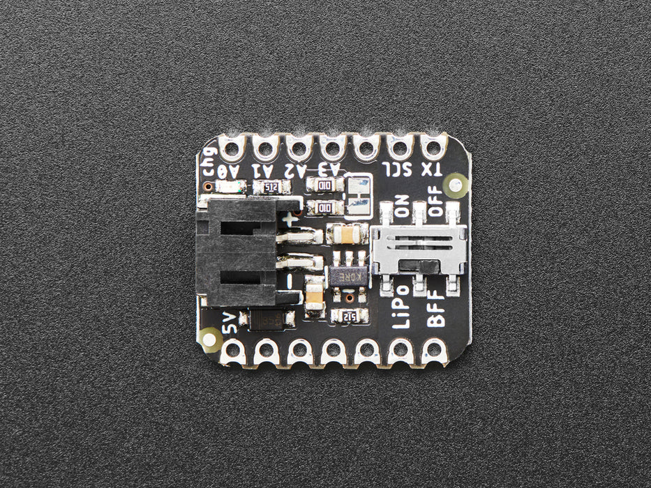 Video of a person with white painted nails unplugging a USB cable from a small, black, square-shaped lipo battery breakout board soldered to a similarly shaped microcontroller, which is also connected to a monochrome OLED display breakout. The OLED breakout displays battery and power data.