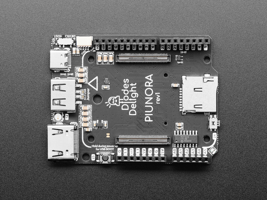 Rectangular compute module placed on a bigger microcontroller.