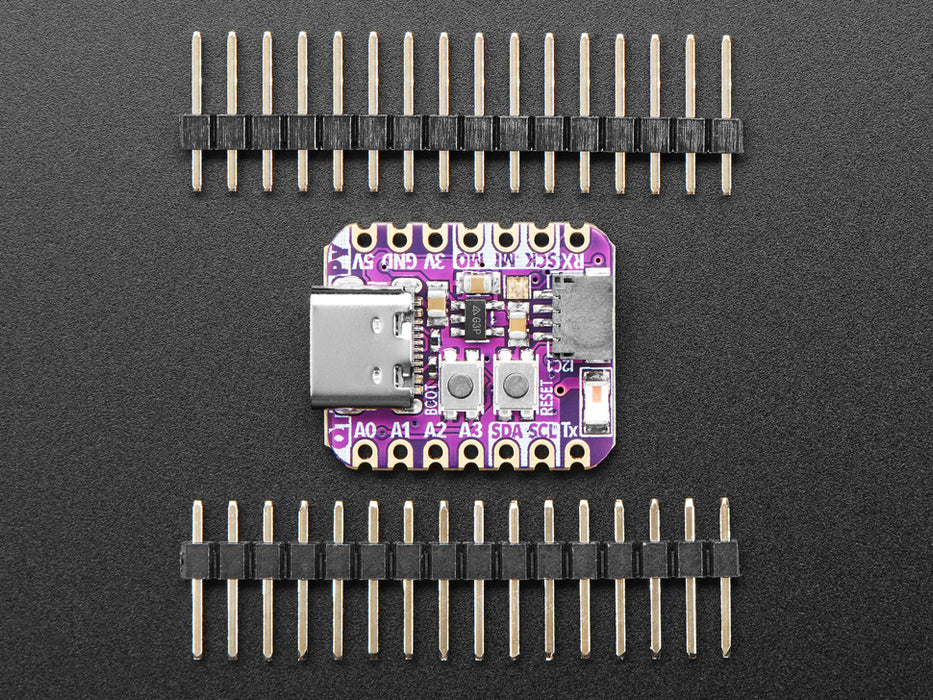 Angled shot of small purple microcontroller.