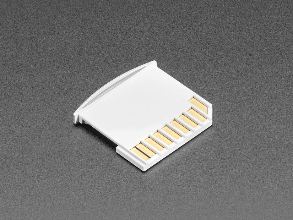 Angled shot of microSD card adapter next to a microSD card.