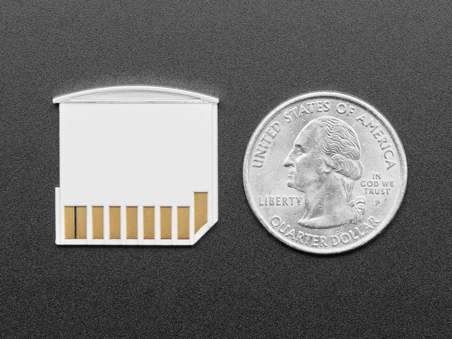 Angled shot of microSD card adapter next to a microSD card.