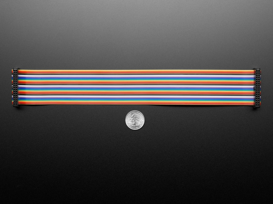 Angled shot of rainbow-colored 34-pin IDC ribbon cable.