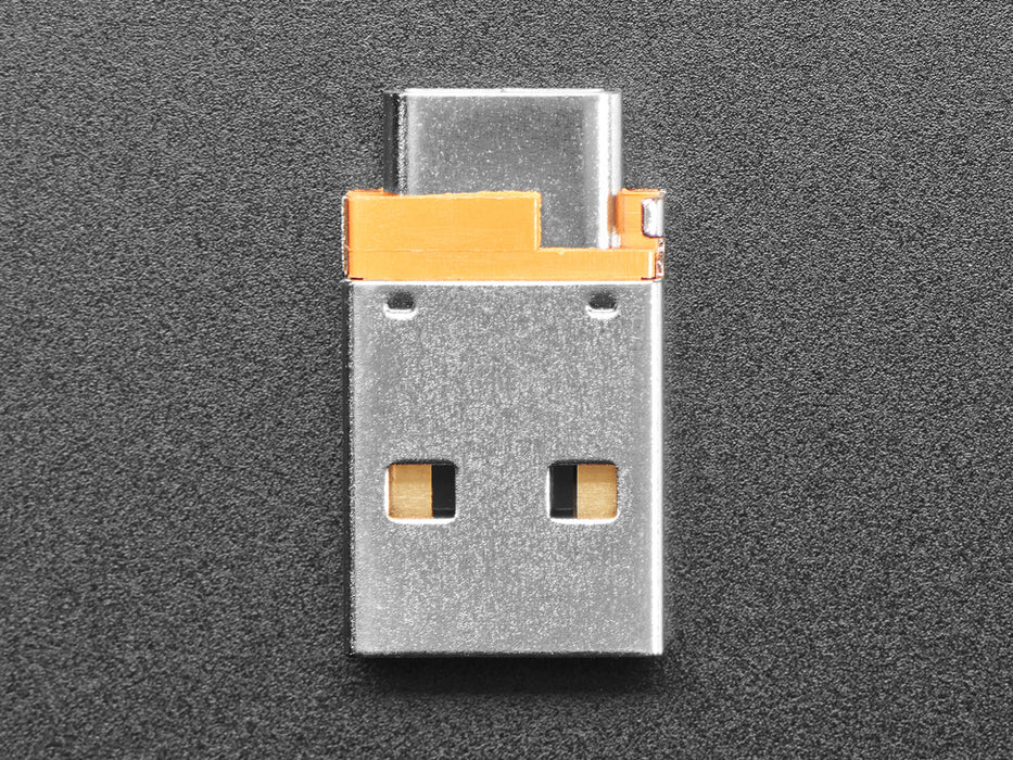 Angled shot of USB-C socket to USB-A socket micro-adapter.