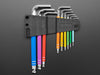 Overhead shot of 9-piece hex wrench set in rainbow colors.