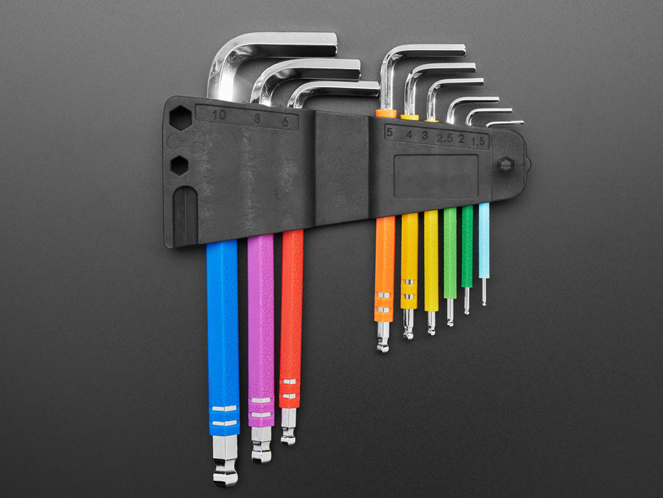 Overhead shot of 9-piece hex wrench set in rainbow colors.