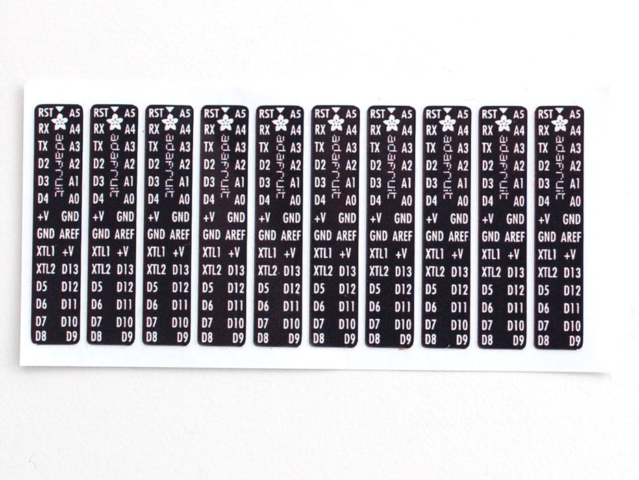 Angled shot of an Adafruit AVR Sticker for Breadboard Arduino-compatibles.