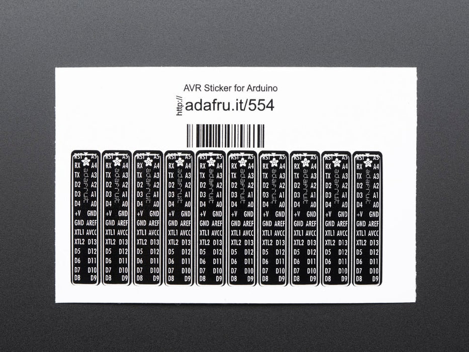 Angled shot of an Adafruit AVR Sticker for Breadboard Arduino-compatibles.