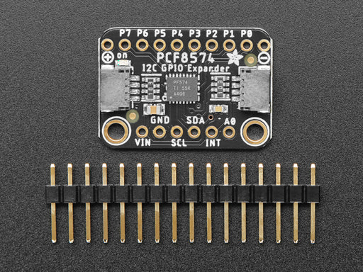 Adafruit PCF8574 I2C GPIO Expander Breakout connected to a QTPY displaying a hand clicking a button which lights up a red LED.