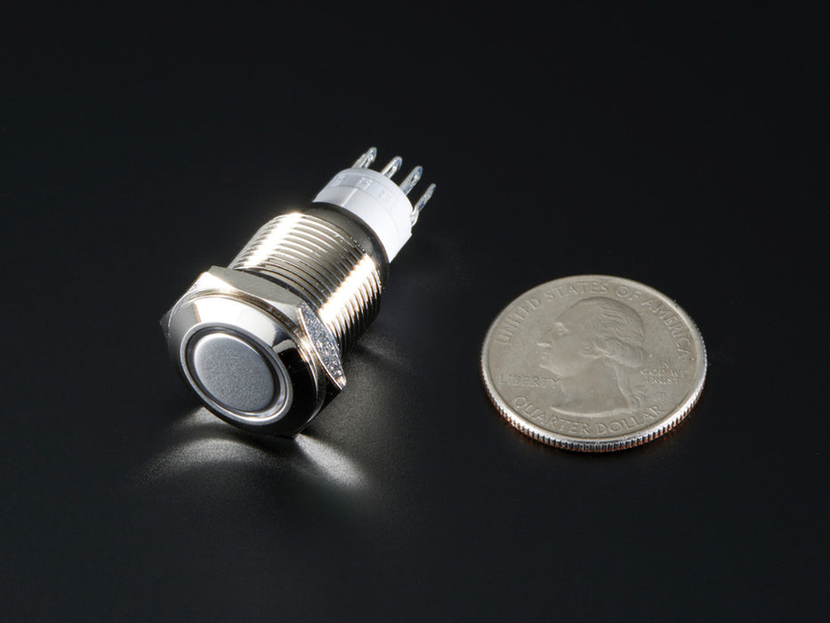 Angled shot of Rugged Metal Pushbutton with White LED Ring - 16mm White Momentary.