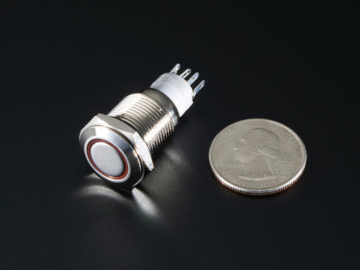 Angled shot of Rugged Metal Pushbutton with Red LED Ring - 16mm Red Momentary.