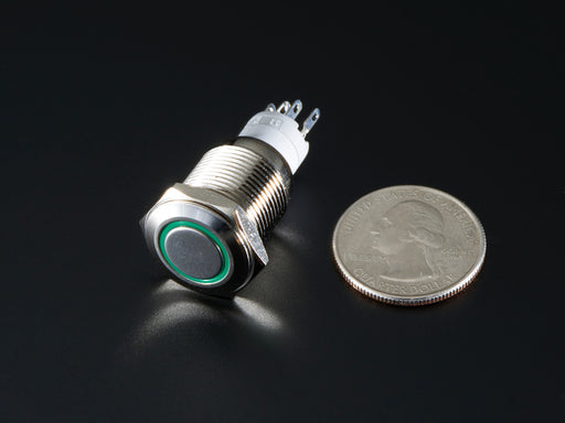 Angled shot of rugged metal pushbutton with green LED ring.