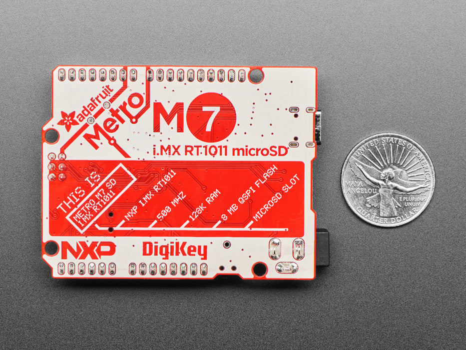 Angled shot of red credit-card sized microcontroller.