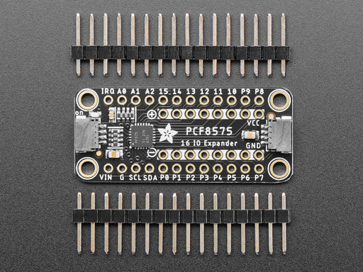 Overhead video of a GPIO expander breakout wired to two LEDs and a microcontroller on a breadboard. A hand presses a button on the bottom of the GPIO expander, individually lighting up the yellow and blue LEDs. 