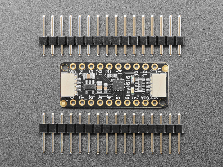 Angled shot of skinny rectangular breakout board.