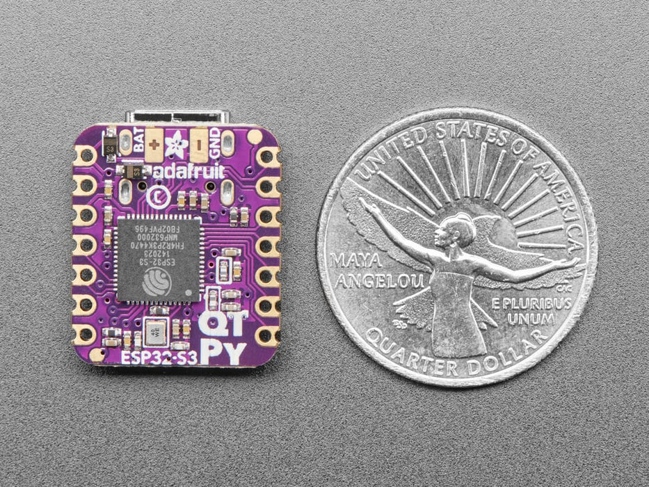 Angled shot of purple, square-shaped microcontroller.