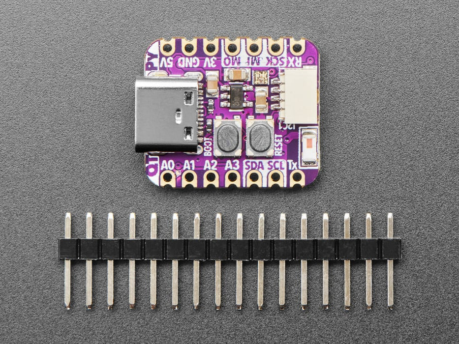 Angled shot of purple, square-shaped microcontroller.