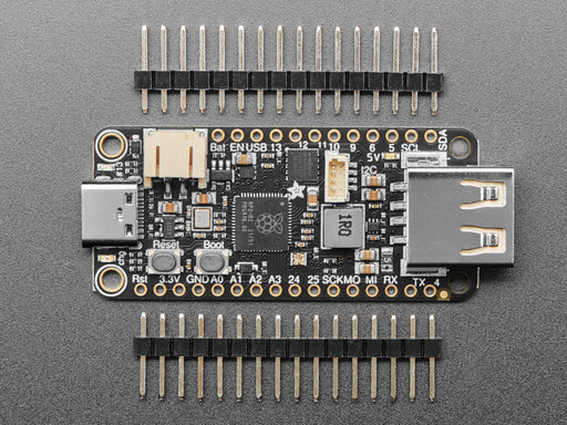 Angled shot of black rectangular microcontroller with USB C and USB A connectors at both ends.