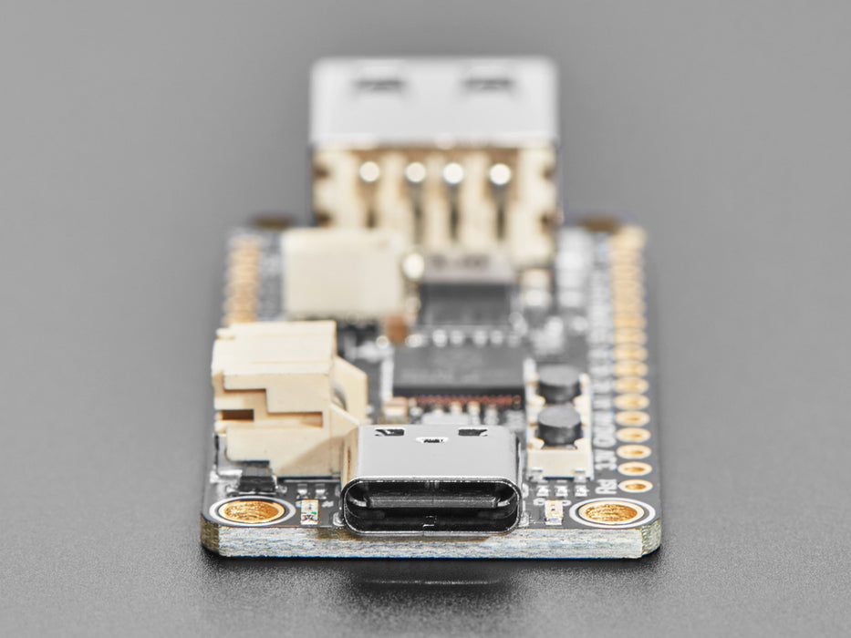 Angled shot of black rectangular microcontroller with USB C and USB A connectors at both ends.