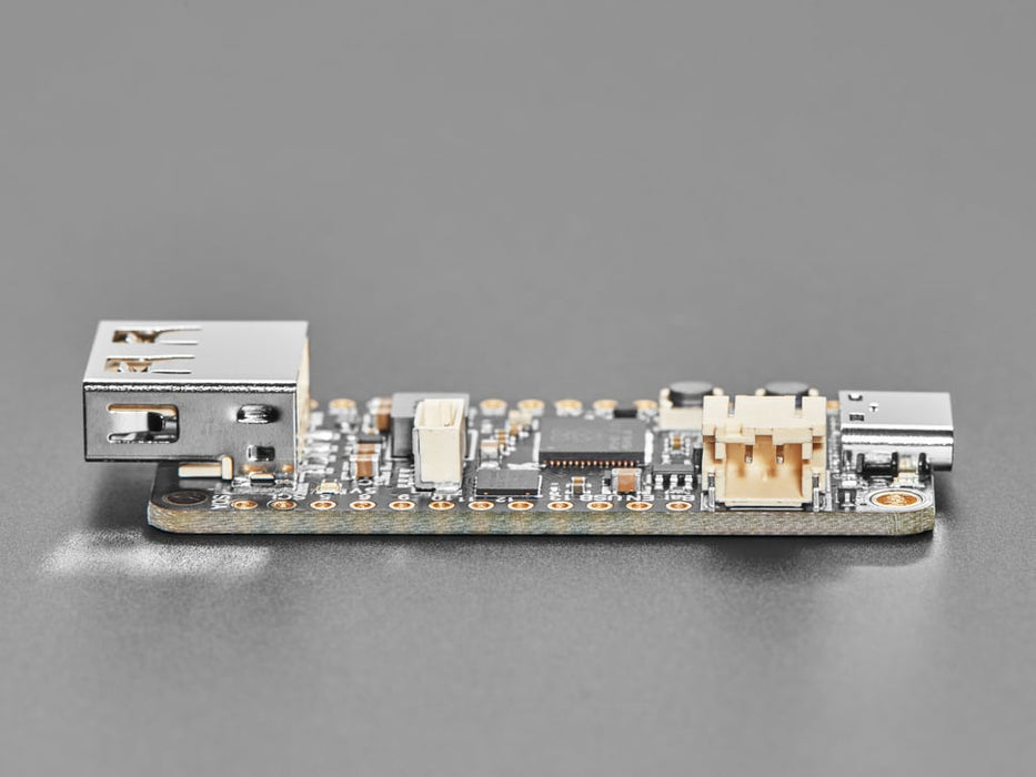 Angled shot of black rectangular microcontroller with USB C and USB A connectors at both ends.