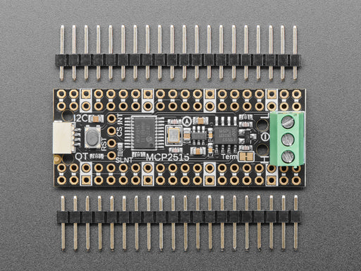 Angled shot of long skinny CAN Bus microcontroller with terminal blocks.