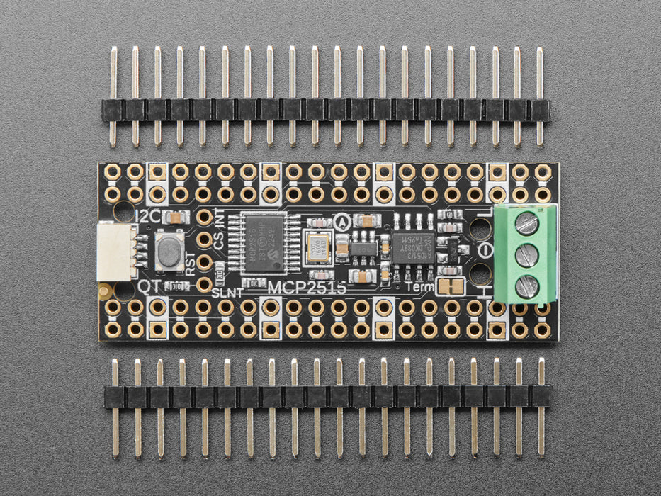 Angled shot of long skinny CAN Bus microcontroller with terminal blocks.