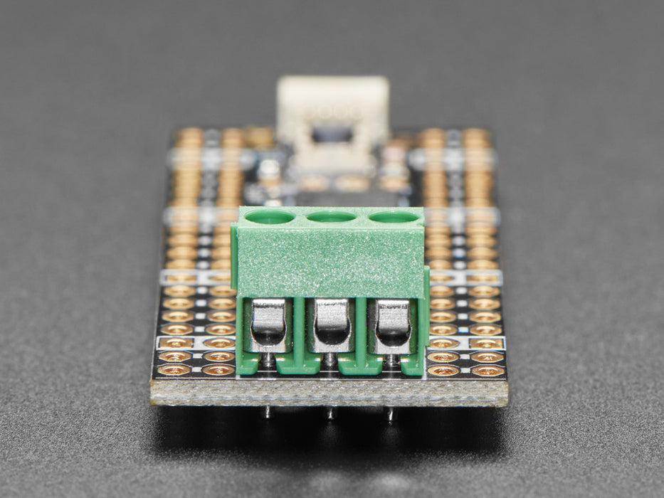 Angled shot of long skinny CAN Bus microcontroller with terminal blocks.