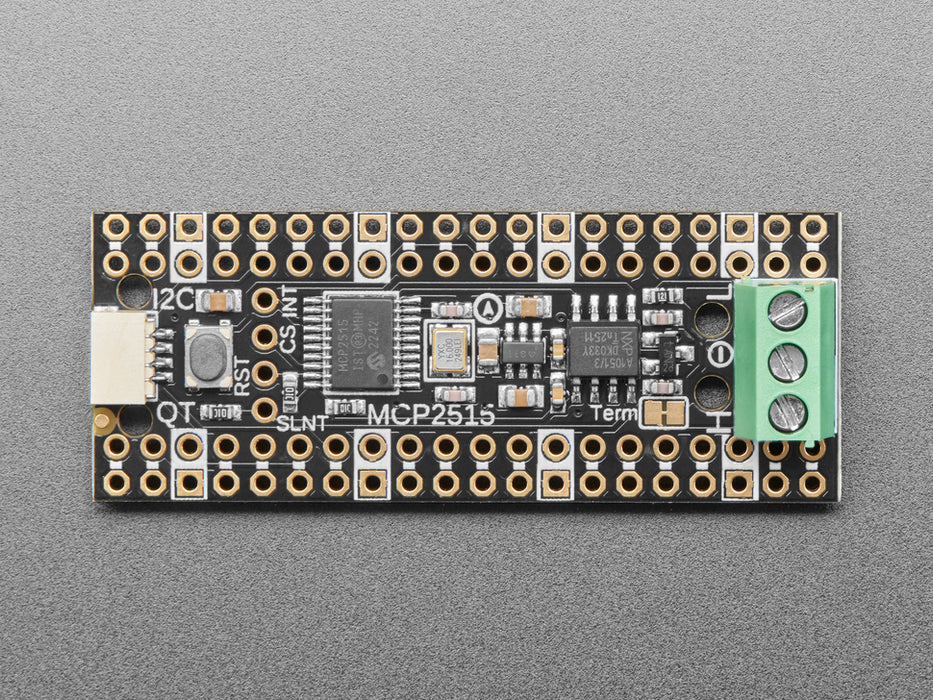 Angled shot of long skinny CAN Bus microcontroller with terminal blocks.