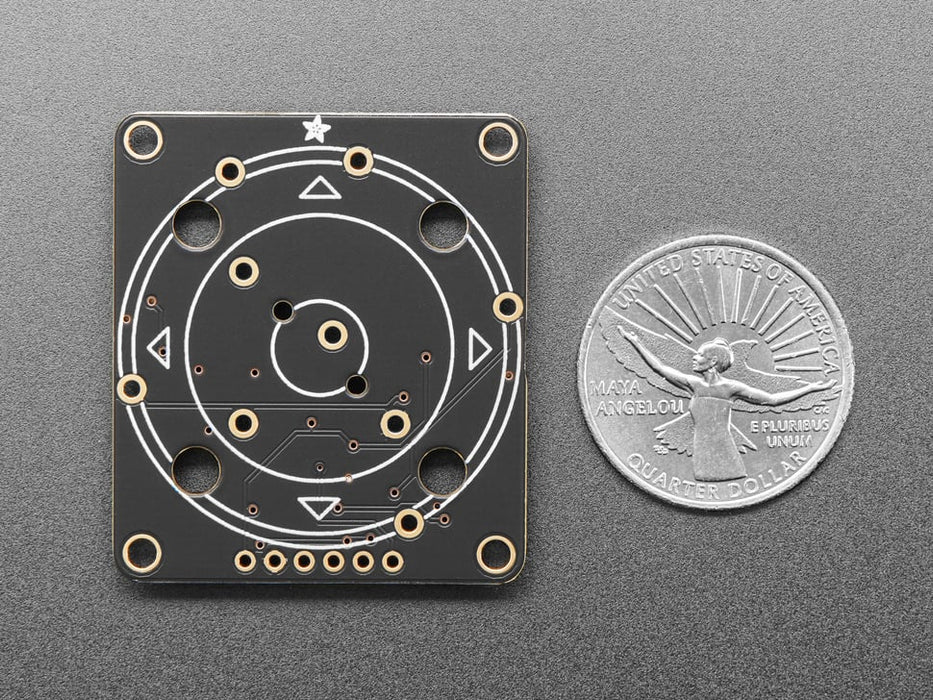 Overhead video of a blue-manicured finger manipulating a rotary encoder connected to a 4-digit LED segment display. 