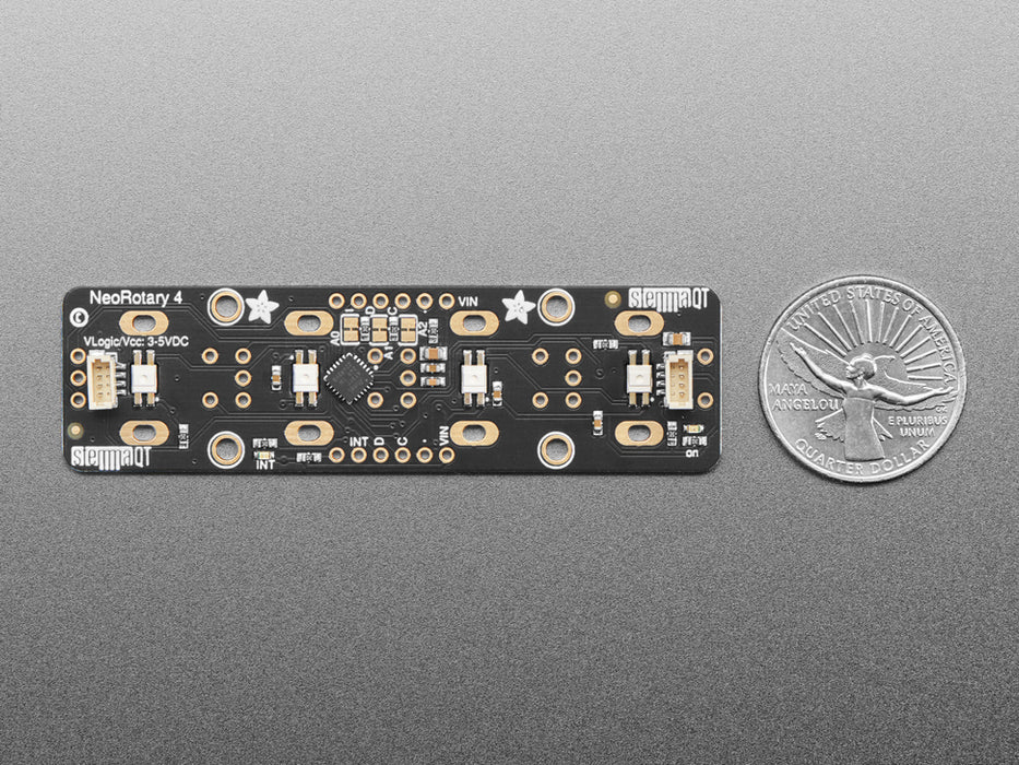 Video of a hand twisting the four encoder knobs with a data readout on a TFT microcontroller.