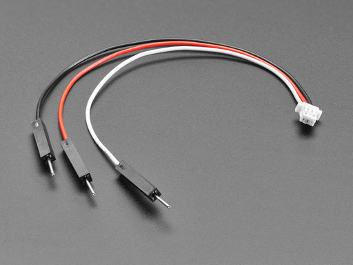 angled shot of 100mm long JST-SH 3-pin cable with male headers.