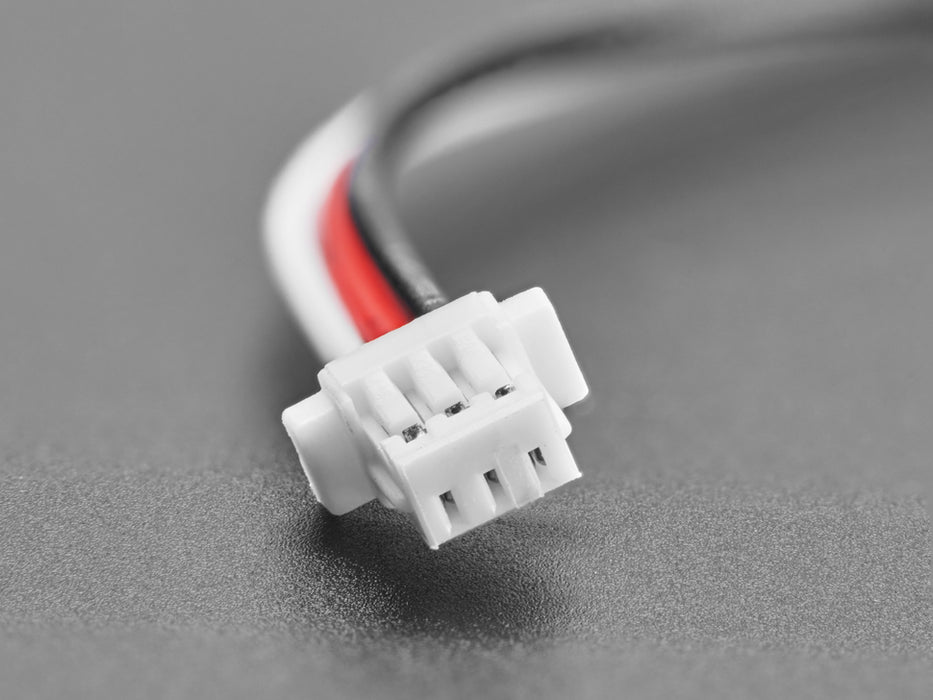 Angled shot of 100mm long 3-pin JST-SH cable with socket connectors.