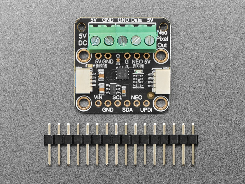 NeoDriver - I2C to NeoPixel Driver Board linked up to LED strip and QT PY.